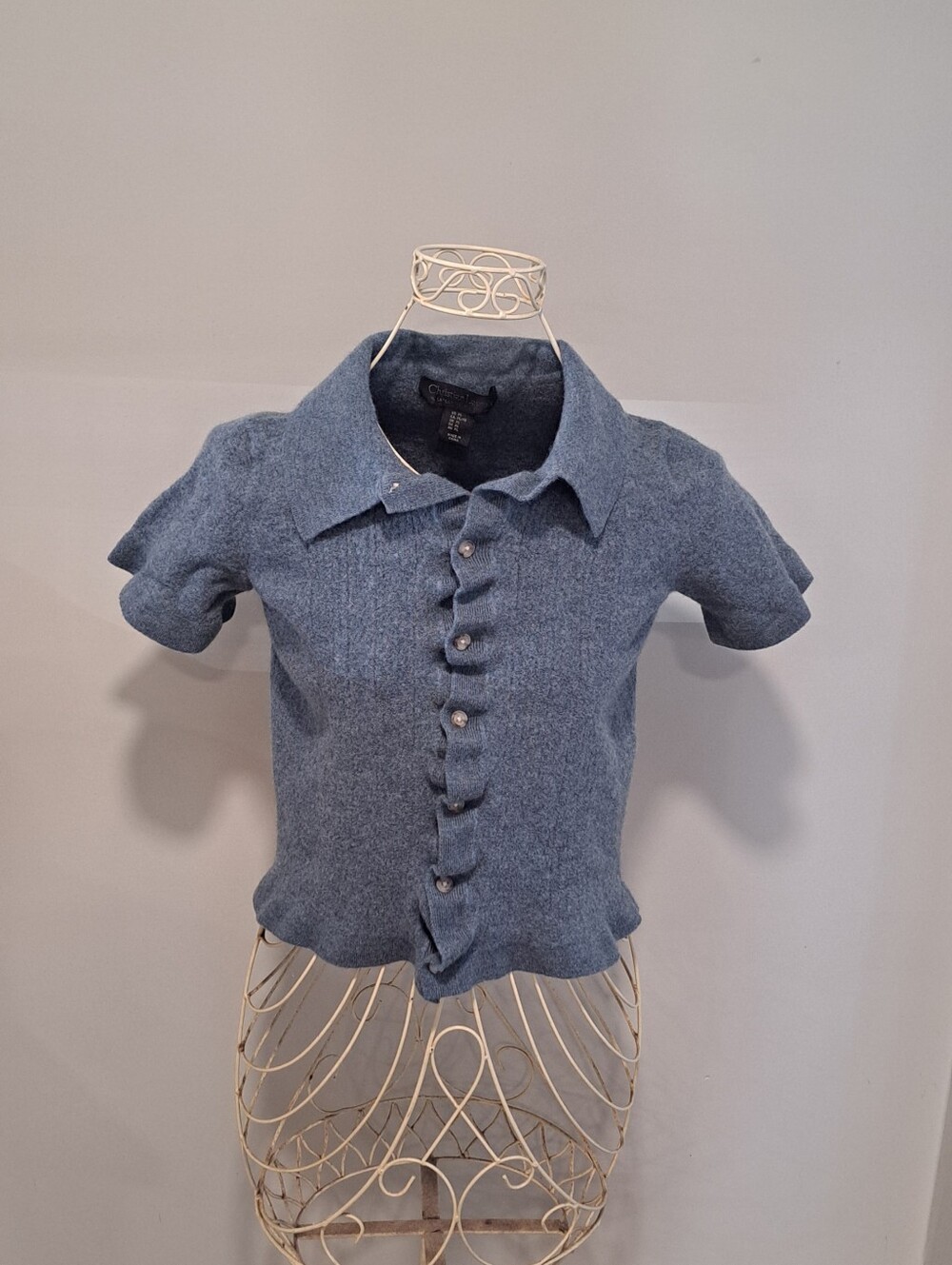 Christian Lacroix 100% Extra Fine Merino Wool Blue Cardigan Sweater Cottage M.